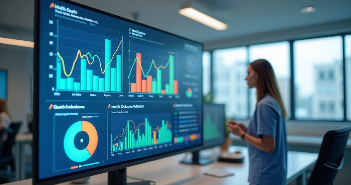 Painel digital com indicadores de qualidade em saúde em tela grande 