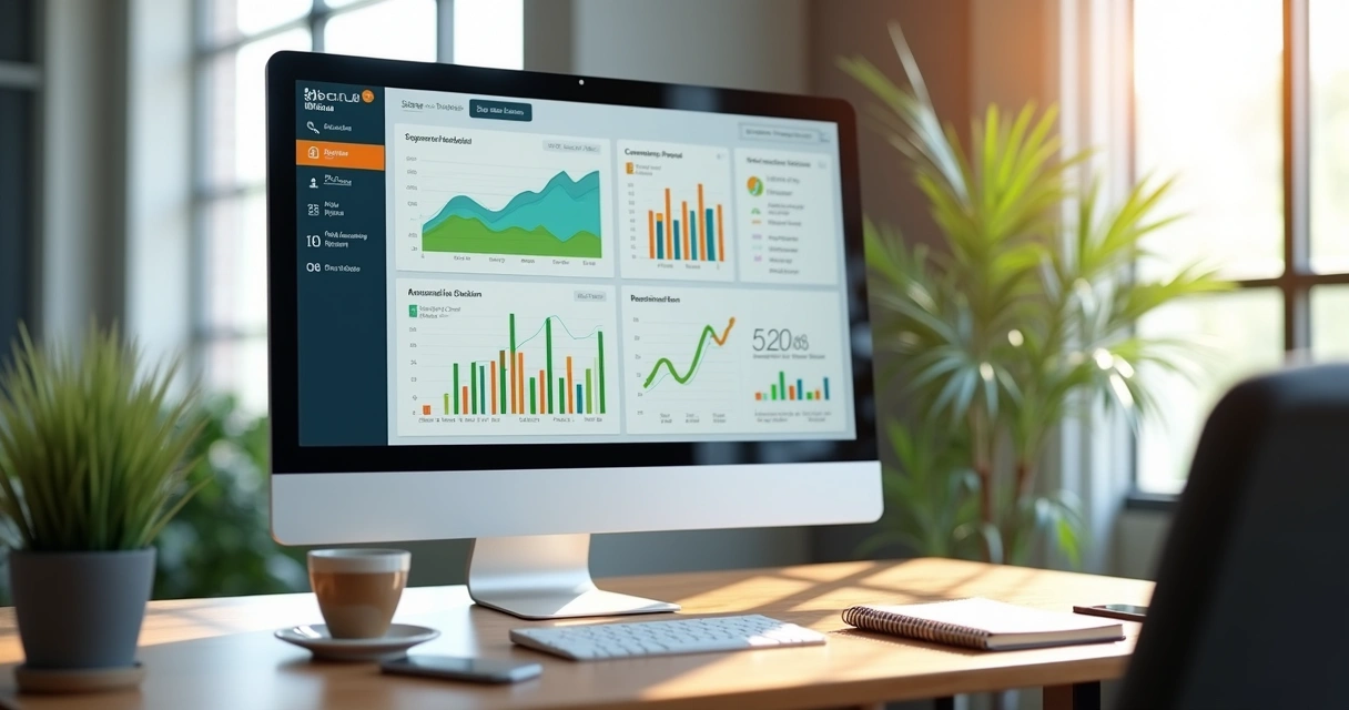 Painel digital com gráficos e indicadores de desempenho para sucesso do cliente em uma tela de computador 