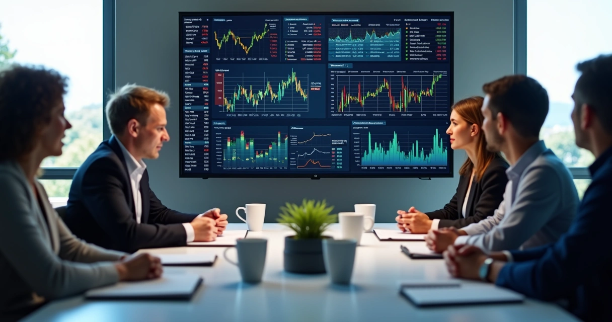 Sala de reunião mostrando dashboard financeiro em uma tela de TV grande e pessoas analisando dados 