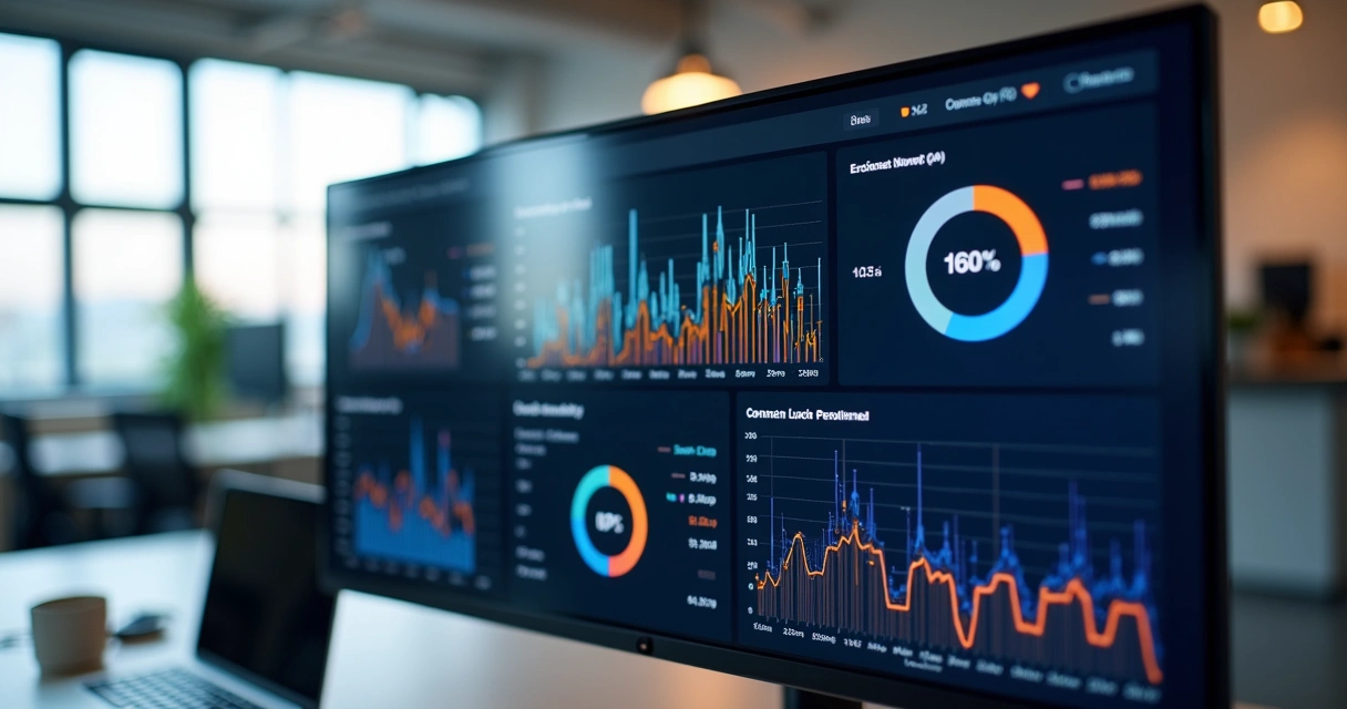 Dashboard digital com gráficos e métricas de desempenho em tecnologia exibidos em tela widescreen 