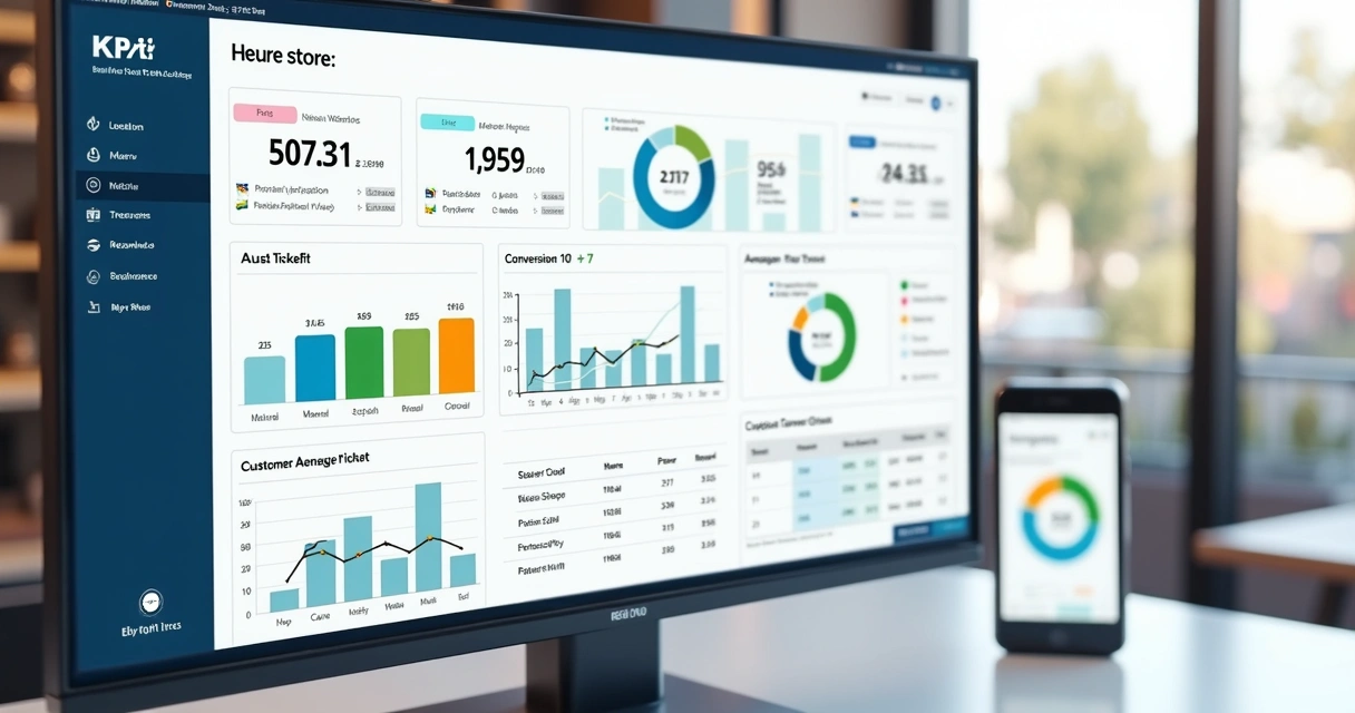 Dashboard simples com gráficos e tabelas mostrando indicadores de varejo em loja física 