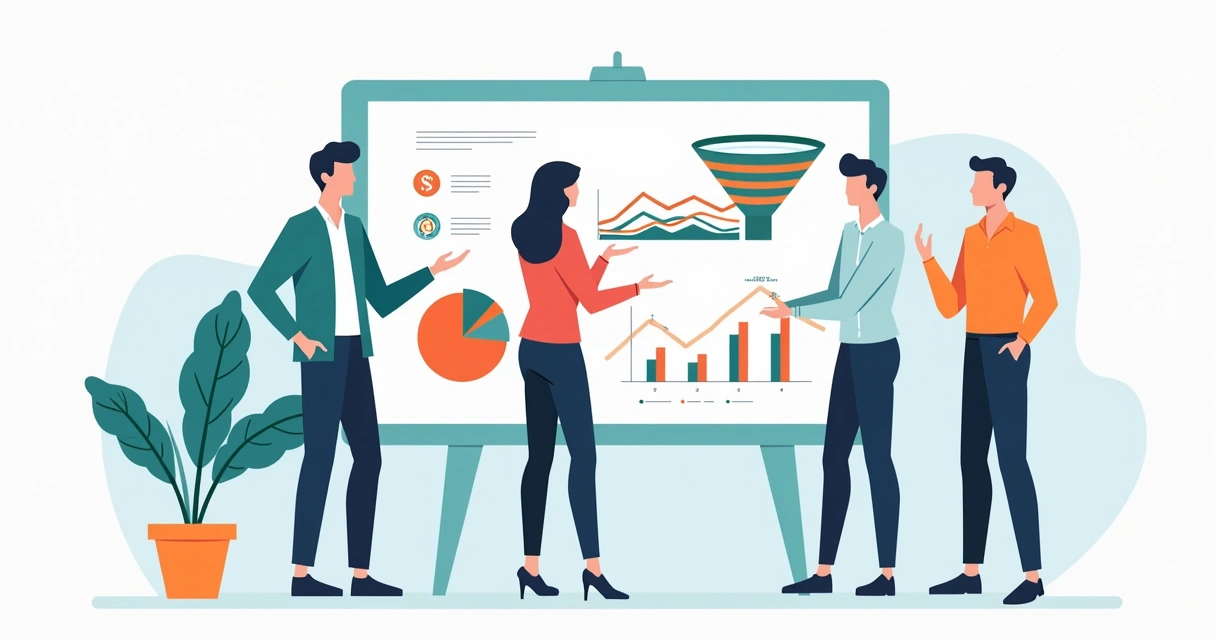 Painel de indicadores de vendas em uma PME, com gráficos, funil de vendas e equipe reunida analisando resultados. 