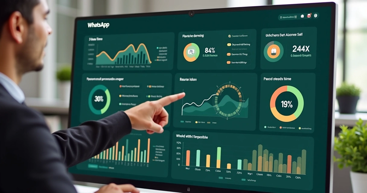 Dashboard colorida mostrando métricas de atendimento automatizado no WhatsApp