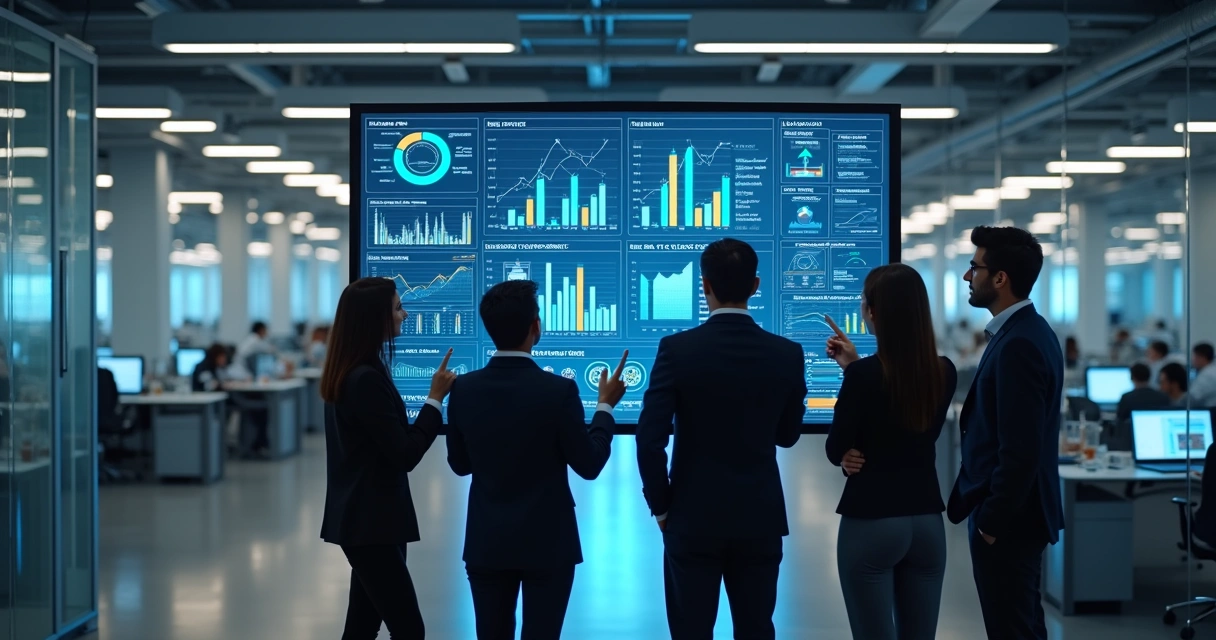 Visão de dashboard digital industrial integrado com KPIs de TI e operação, gráficos coloridos e equipe acompanhando os dados 