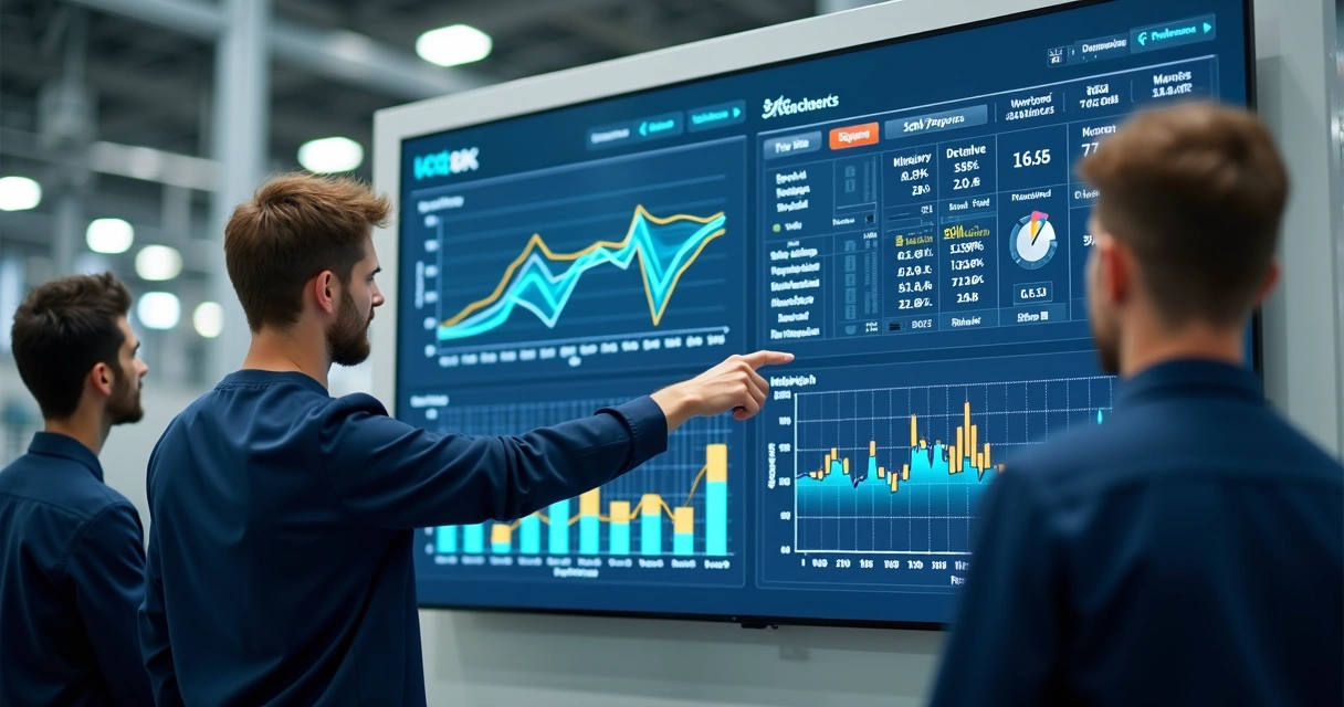 Dashboard digital mostrando indicadores 5S na tela em ambiente industrial 