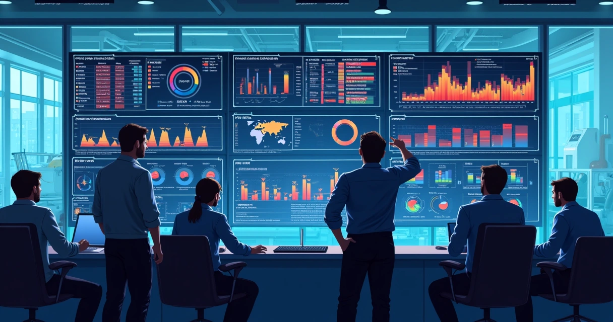 Dashboard industrial com gráficos em telas digitais