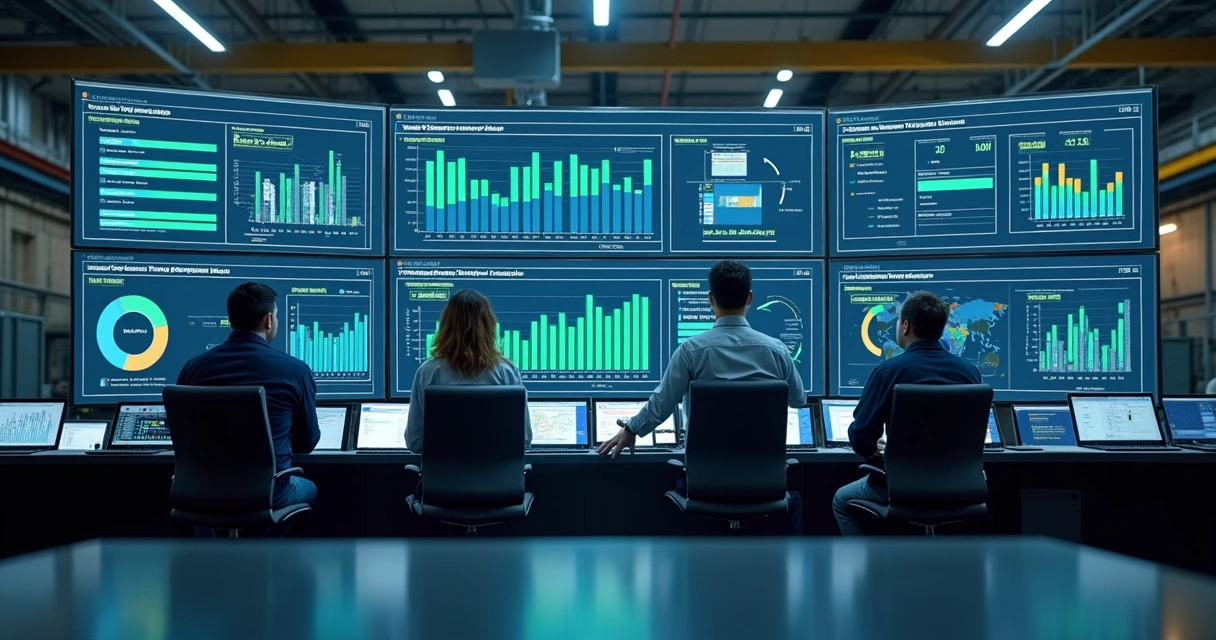 Dashboard industrial com indicadores e equipe avaliando dados