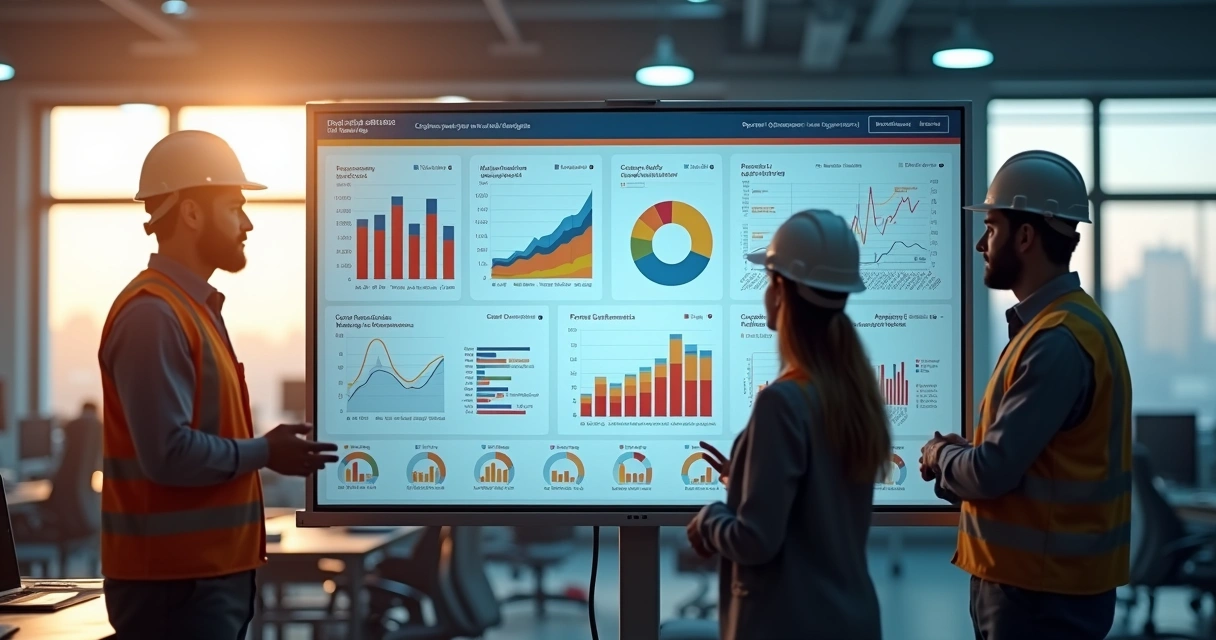 Dashboard industrial detalhado com gráficos de produção e manutenção. 