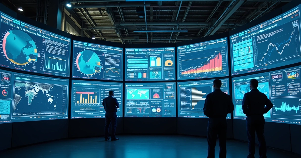 Dashboard de indicadores industriais exibido em várias telas grandes 
