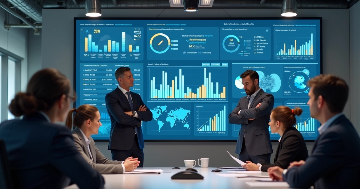 Colaboradores observando um dashboard digital durante uma reunião industrial 