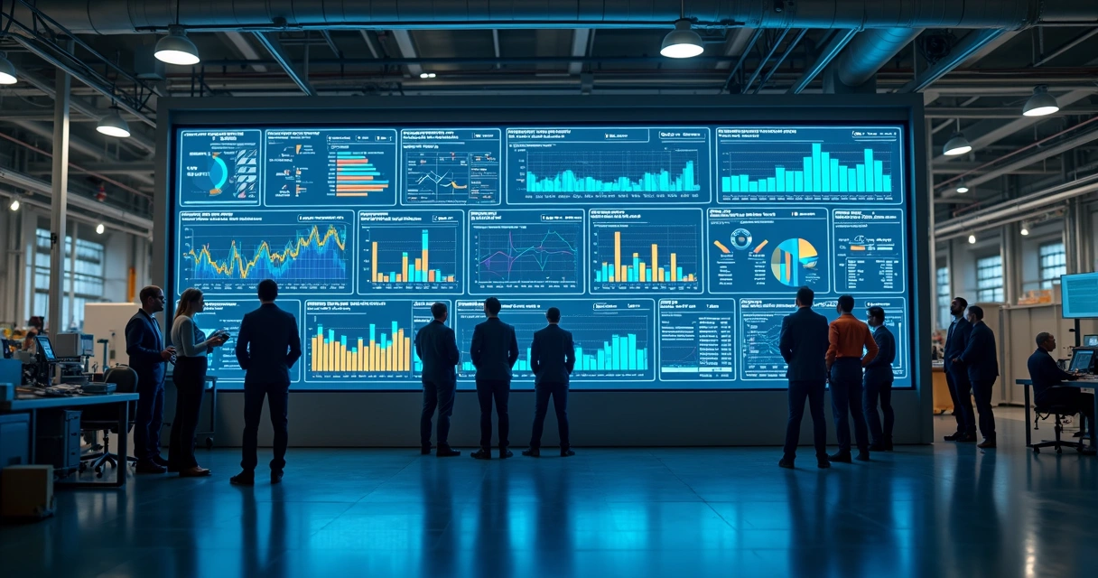Dashboard digital de indicadores industriais exibido em fábrica 