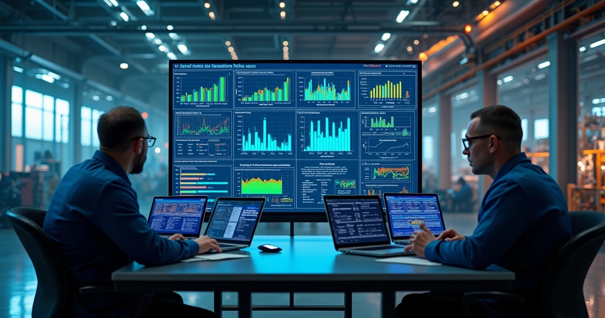 Dashboard digital com gráficos de FMEA em painel industrial