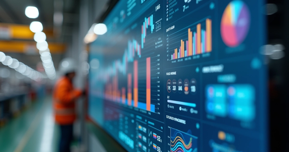 Tela de dashboard industrial mostrando indicadores de pessoal e produção, com gráficos digitais e alertas de inteligência artificial 