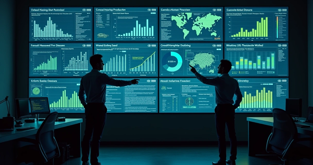 Dashboard digital com indicadores de produção industrial em tela grande 