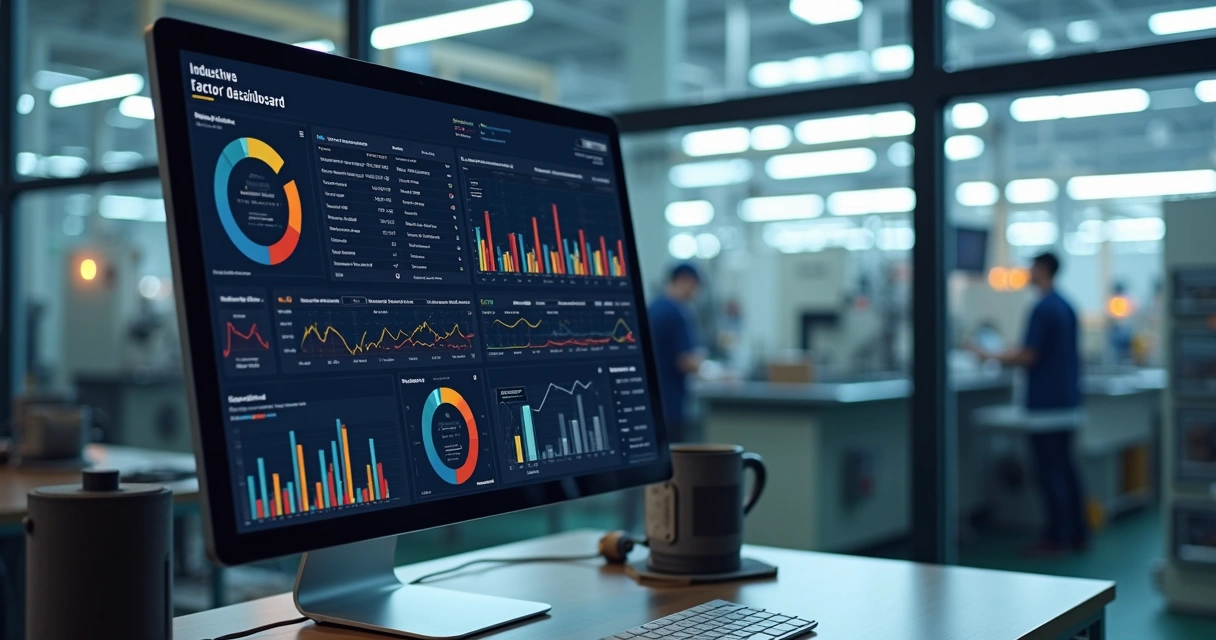 Dashboard digital mostrando gráficos de produção industrial em tempo real 
