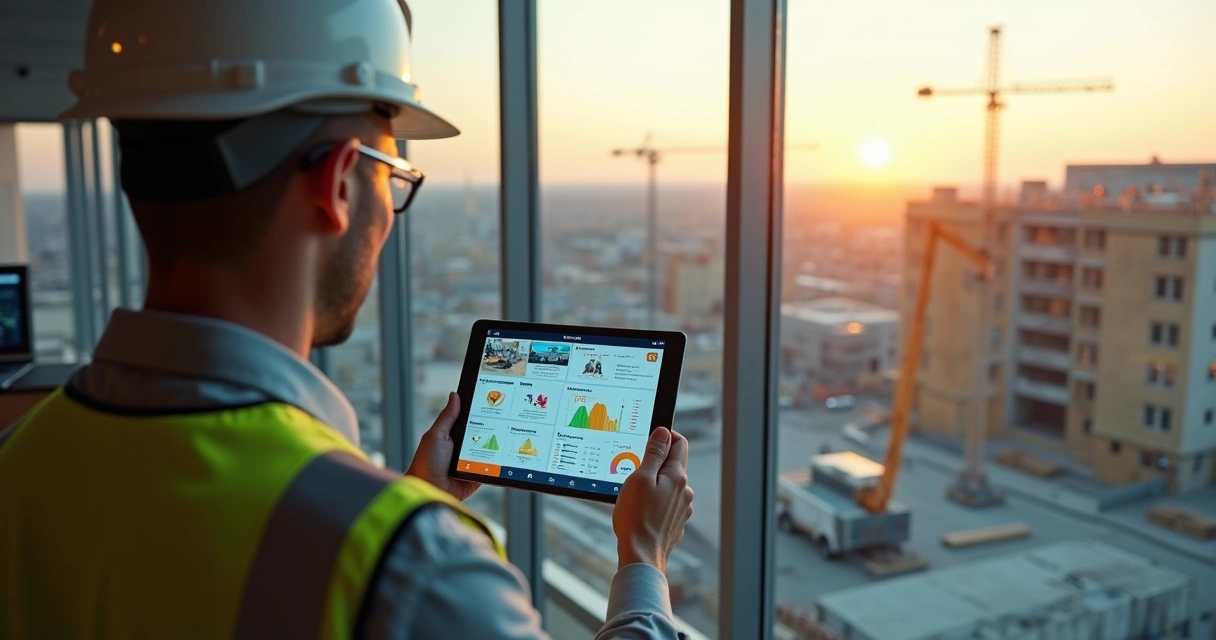Gestor de obras analisando dashboard de inspeção em tempo real em tablet 