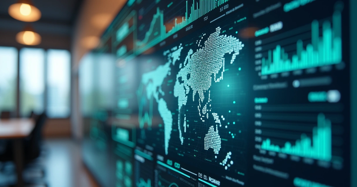 Painel digital com diferentes sistemas empresariais integrados e gráficos de performance 