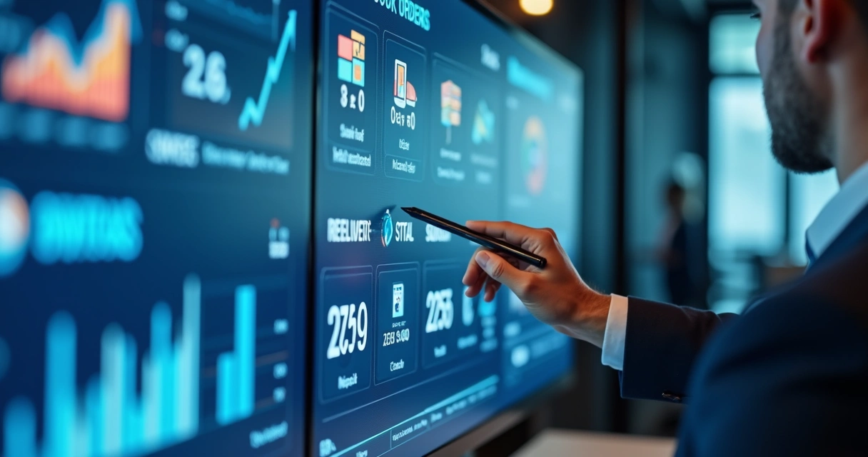 Painel de integração de e-commerce com dados de estoque, vendas e pedidos sendo exibidos 