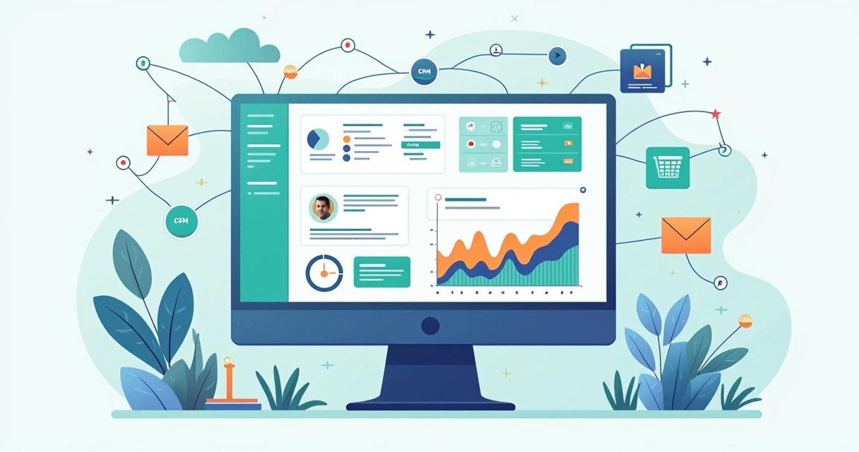 Painel de CRM integrado com gráficos coloridos e fluxo de dados digital 