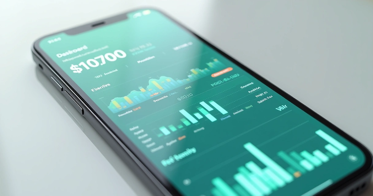 Tela com gráficos de investimentos e saldo bancário integrados