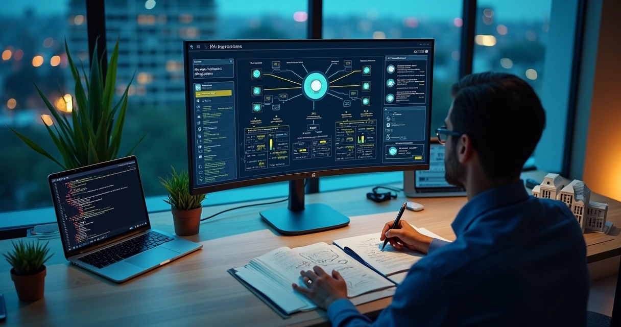Gestor acompanha painel unindo dados de IA e sistema imobiliário em escritório moderno 
