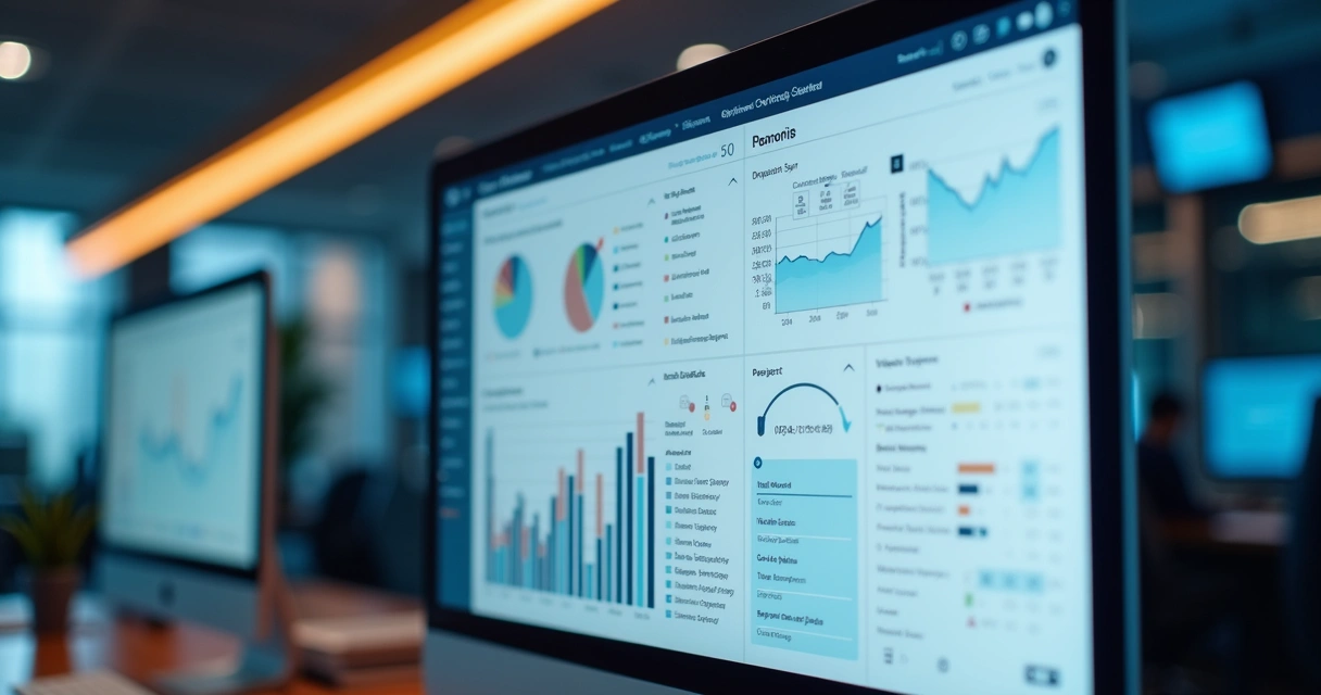 Dashboard digital mostrando integração de dados de obra e CRM 