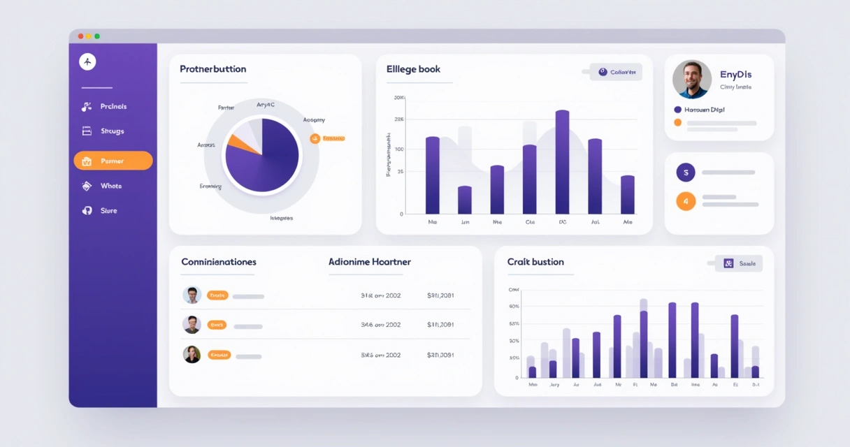 Dashboard digital mostrando funil de vendas, métricas de parceiros e gravações de comissão, em tons de roxo e azul 