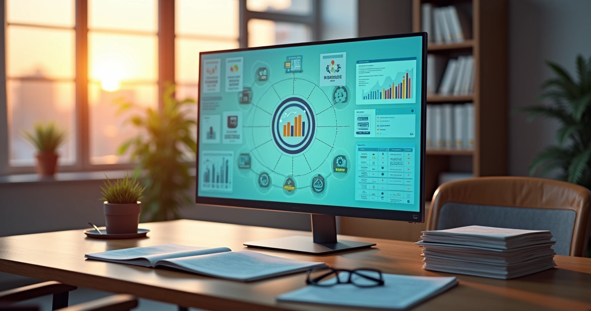 Painel central conecta múltiplos ícones de sistemas financeiros em escritório moderno 