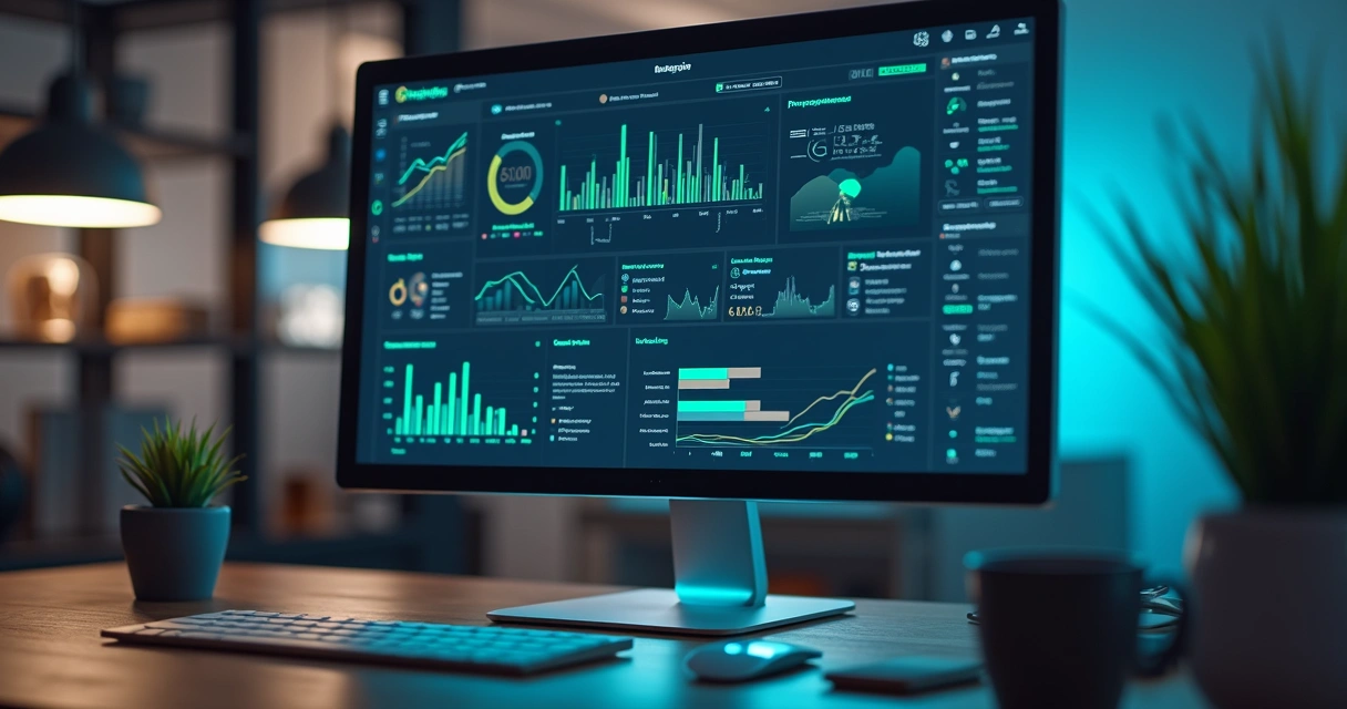Dashboard digital com gráficos e integrações de ferramentas em um monitor 