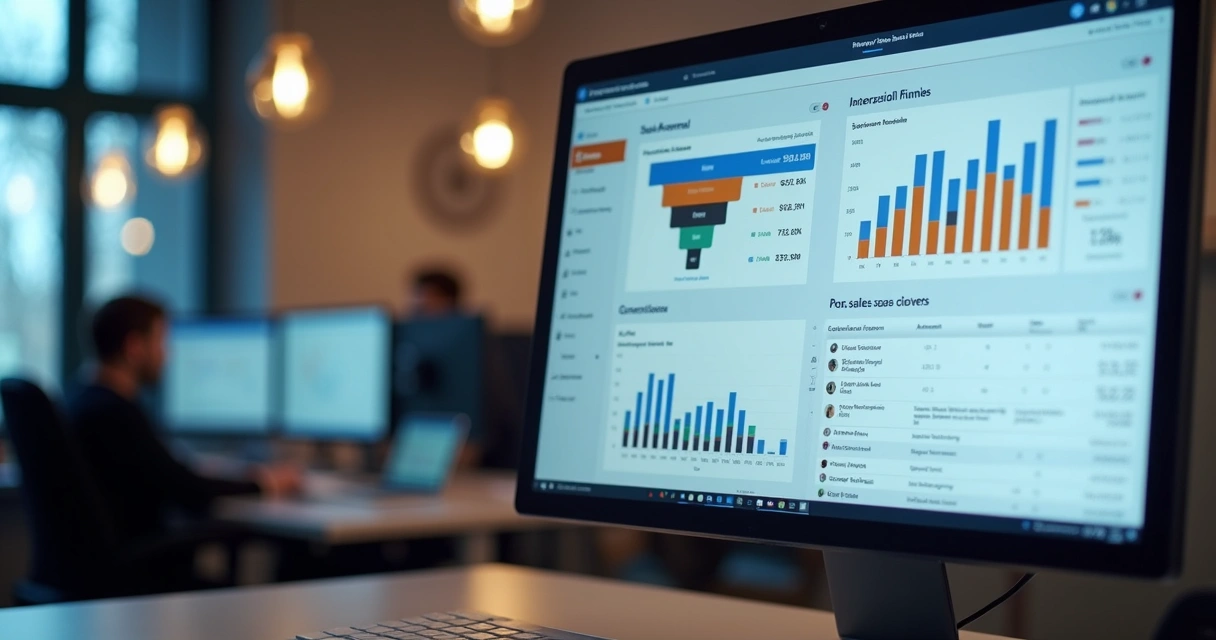 Dashboard integrado mostrando métricas de funil de vendas, financeiro e pós-venda 