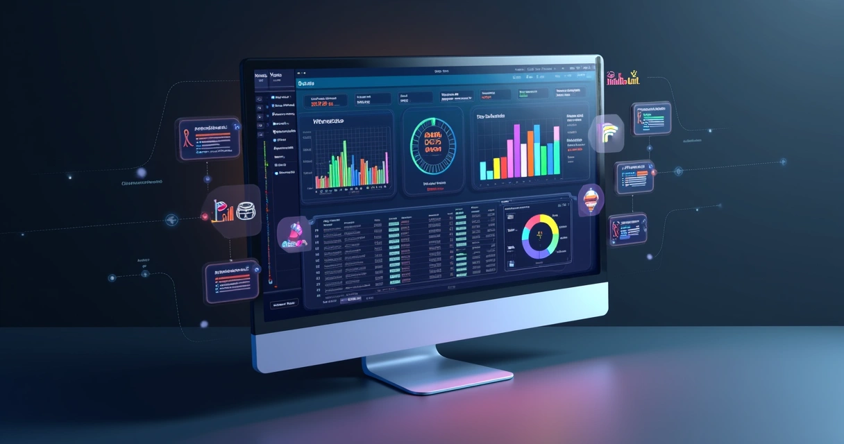 Dashboard 3D mostrando painel integrado com gráficos de vendas, estoque e faturamento de e-commerce 