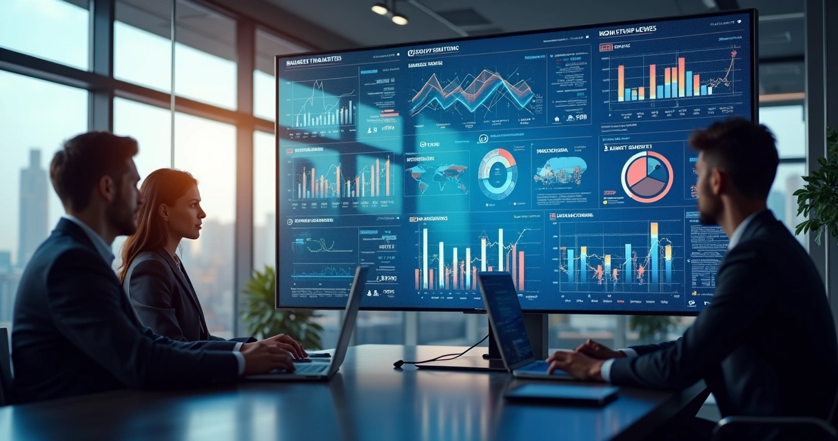 Painel de controle de gestão com gráficos digitais coloridos 