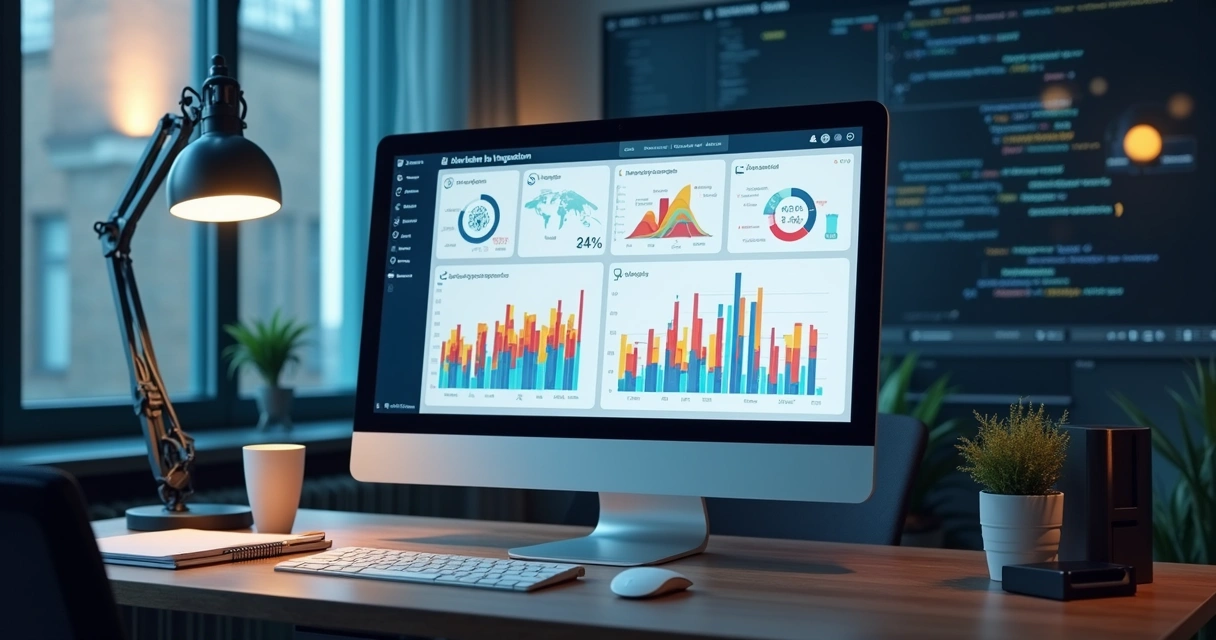 Dashboard digital com gráficos de integração entre vários sistemas, como ERP e CRM, em tela de computador de mesa 