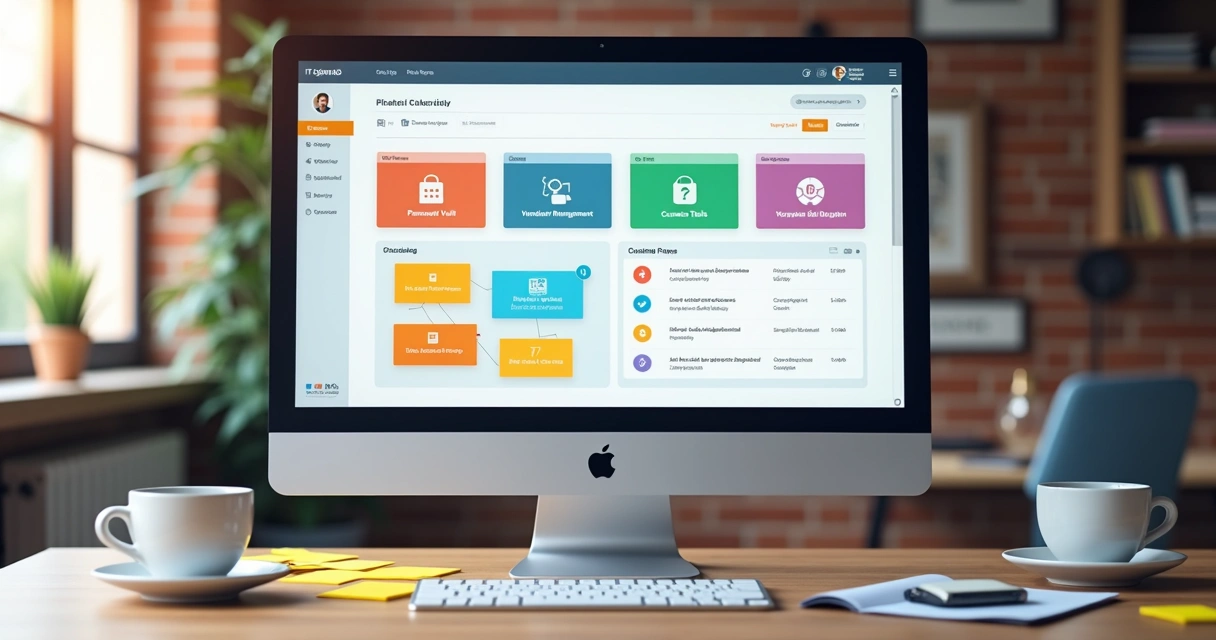 Visão de dashboard integrado com múltiplas funções de TI como senhas, fornecedores e tickets 