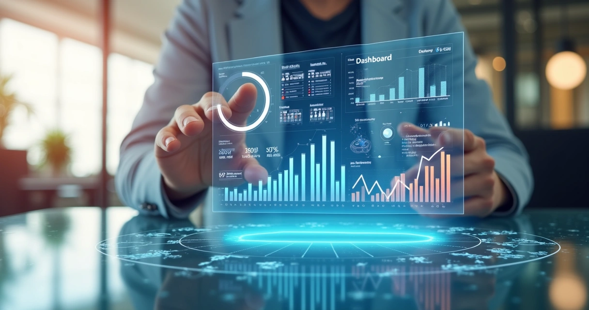 Dashboard digital transparente mostrando métricas centralizadas 