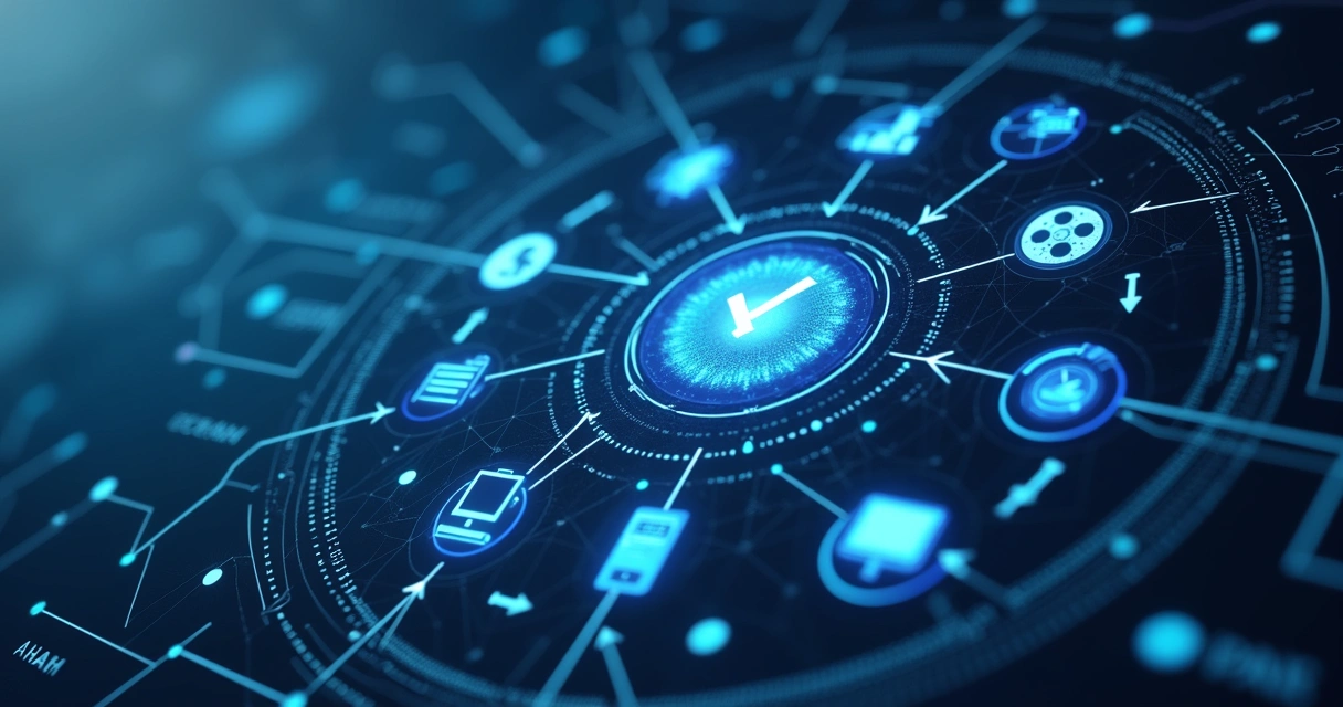 Painel digital com gráficos e fluxos de integração entre sistemas empresariais 