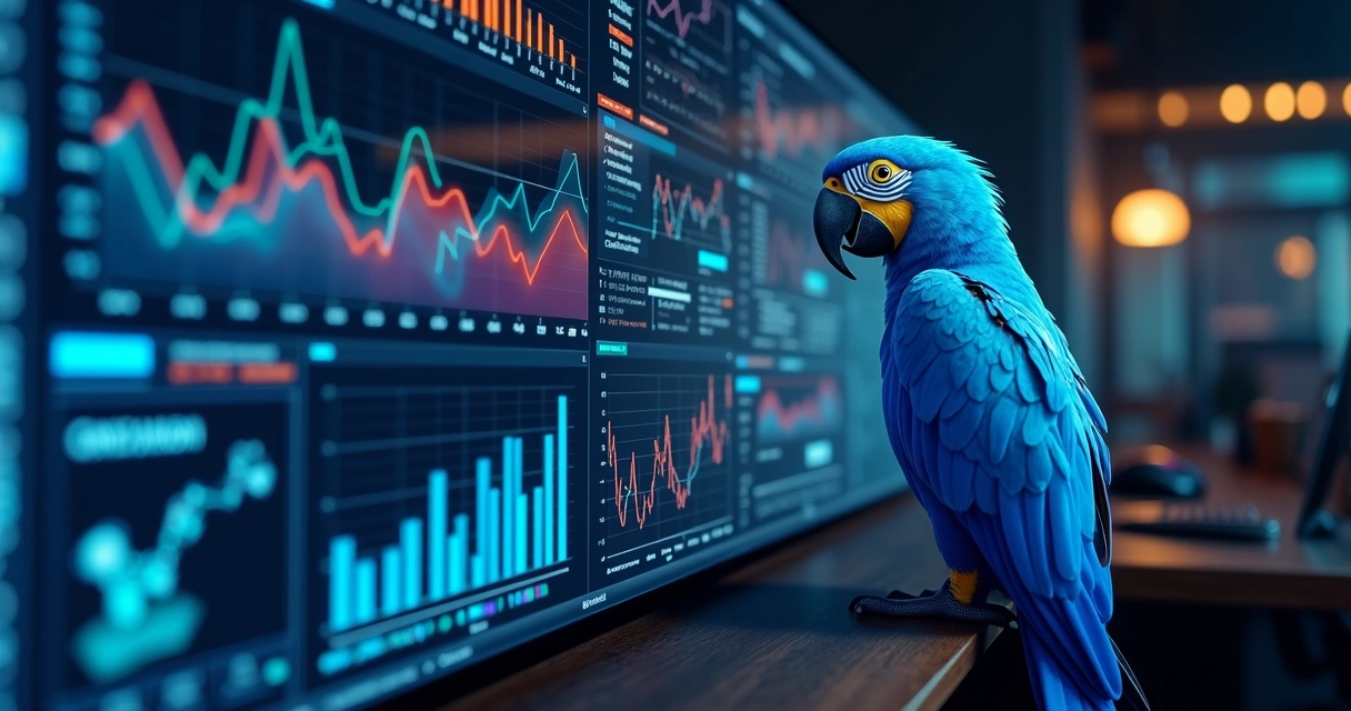 Dashboard digital com gráficos sendo analisados por inteligência artificial. 