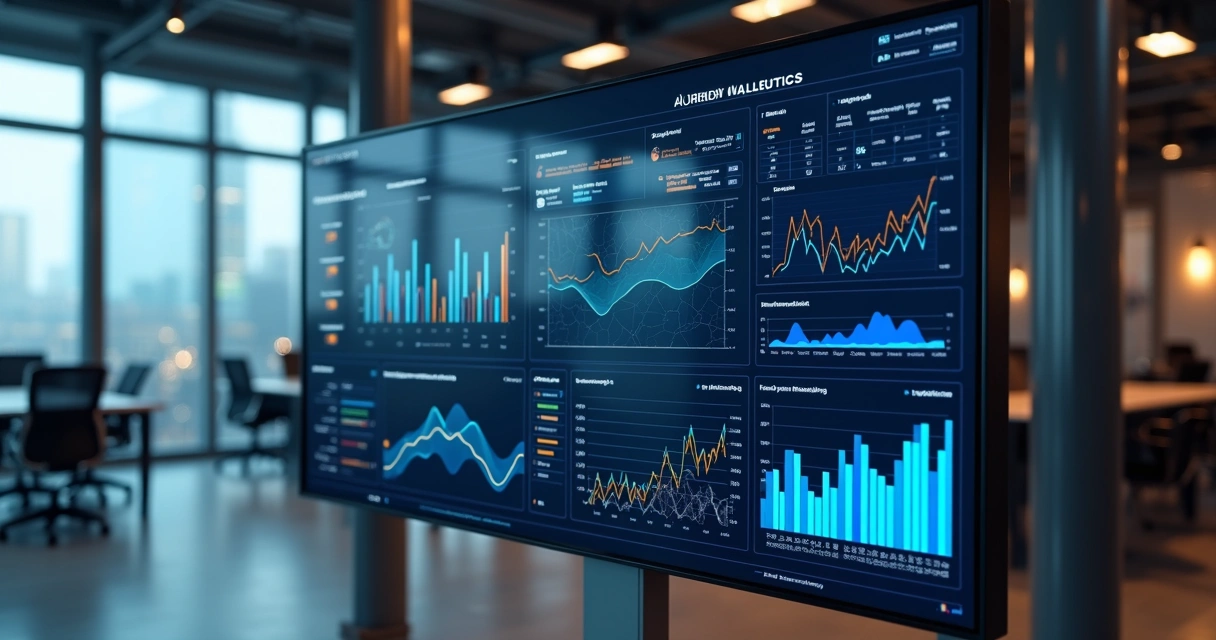 Dashboard digital com gráficos de IA, BI e integração de sistemas em tela widescreen