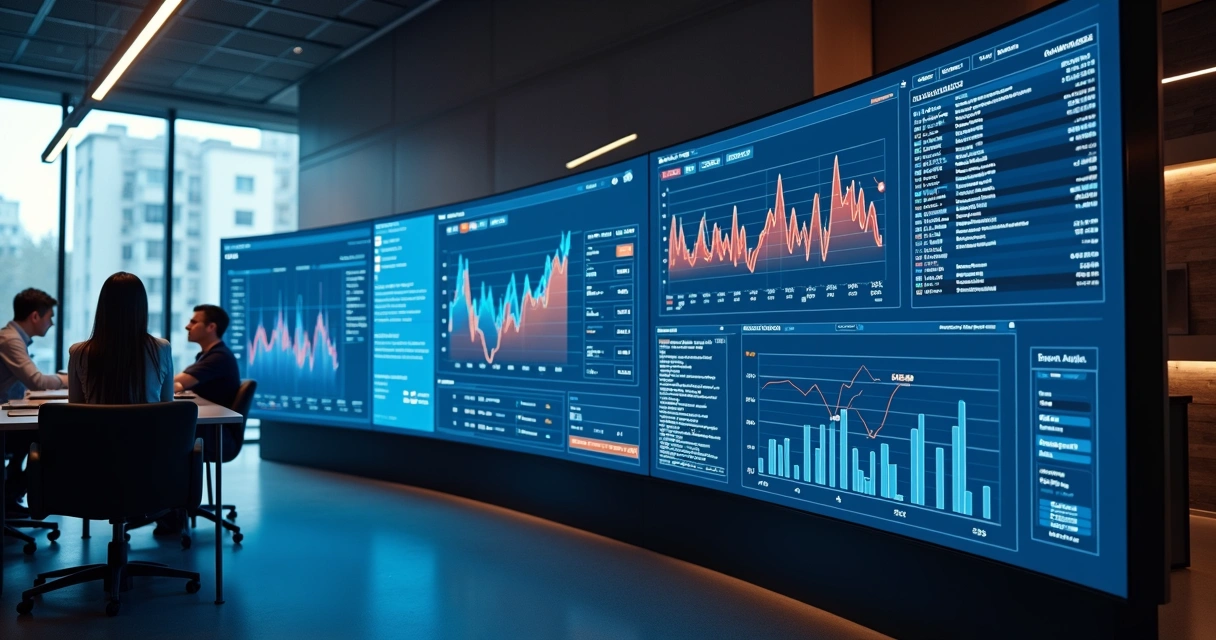 Painel digital mostrando IA aplicada em saúde, finanças e varejo 
