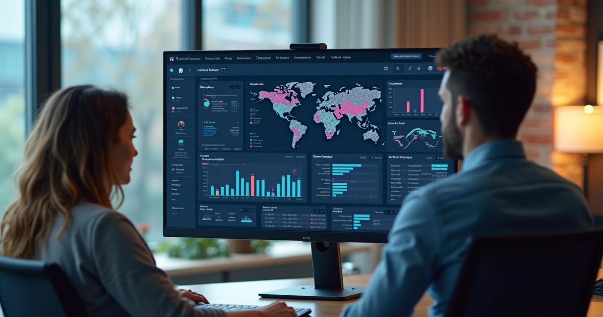 Dashboard amigável de IA em tela de computador, ambiente comercial 