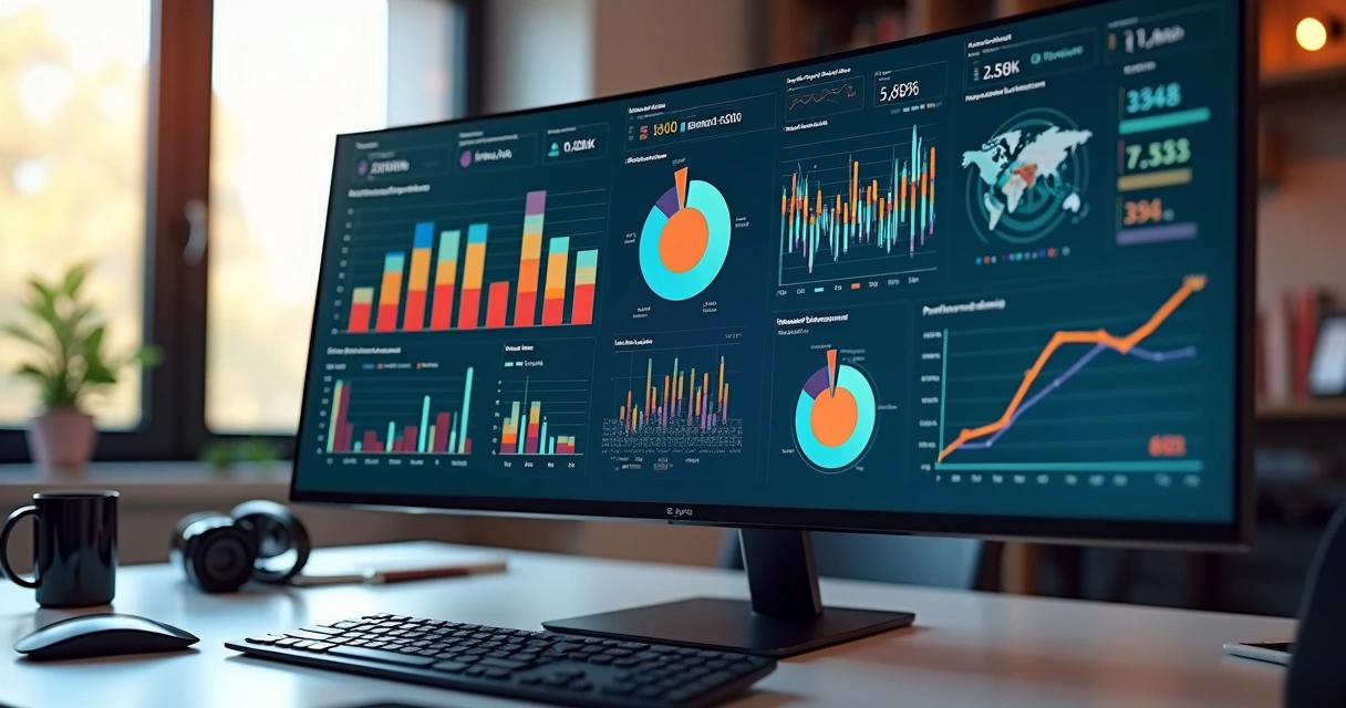 Dashboard digital com gráficos coloridos e indicadores de desempenho em uma tela de computador moderna 