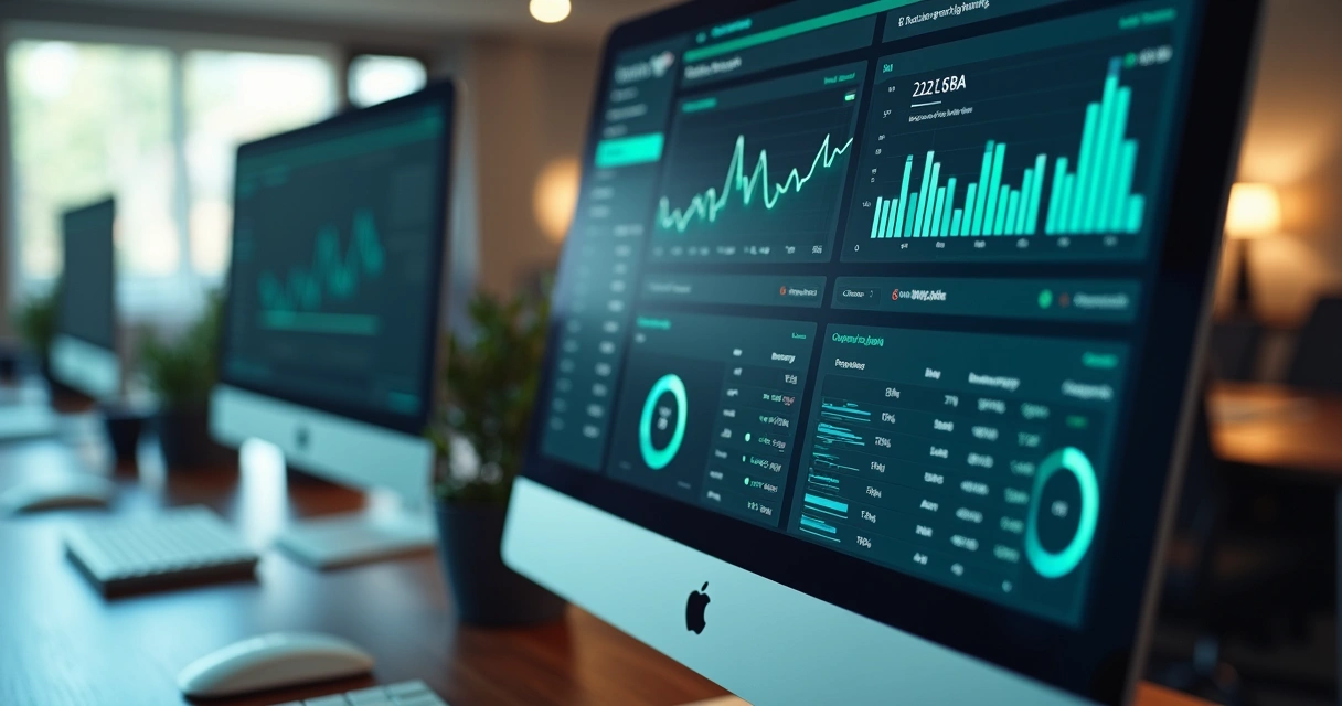 Dashboard financeiro em tela de computador de escritório 