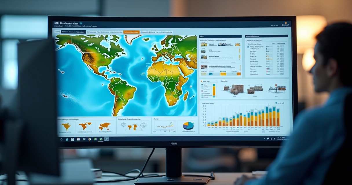 Dashboard de inteligência de mercado exibindo mapa e gráficos de obras industriais 