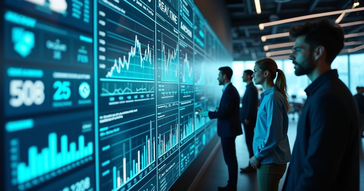 Painel de controle de BI com gráficos e indicadores em uma tela moderna 