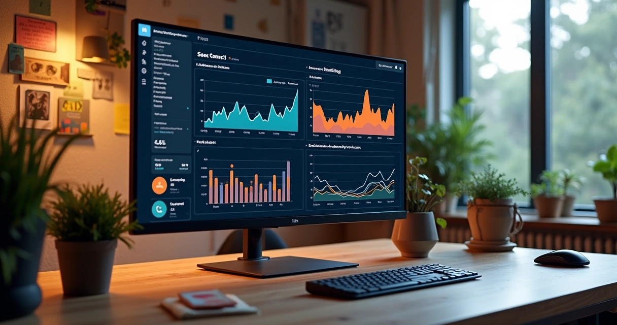 Dashboard de BI exibindo métricas e gráficos coloridos em monitor widescreen 