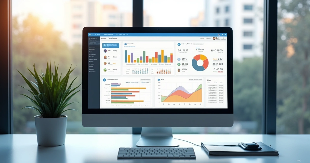 Dashboard colorido de vendas B2B com gráficos e indicadores em tela ampla