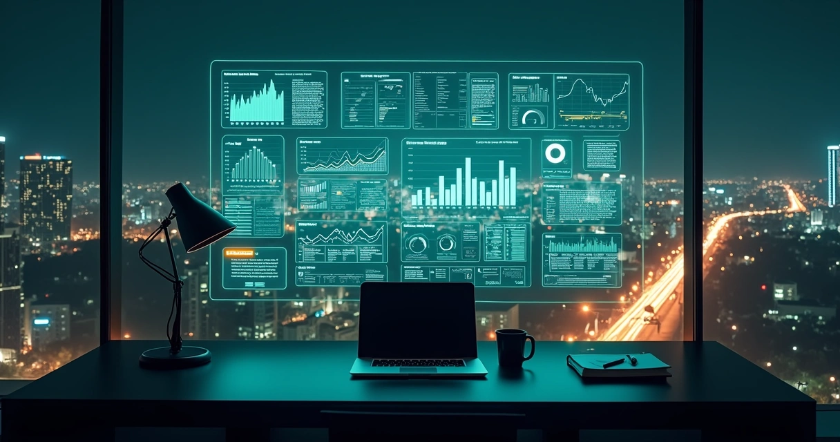 Dashboard holográfico mostrando métricas de negócios sobre cidade vista à noite 