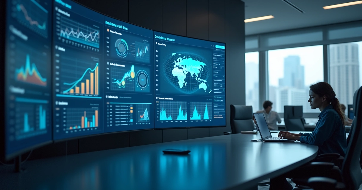 Painel digital de gestão de riscos com gráficos e métricas em tela 