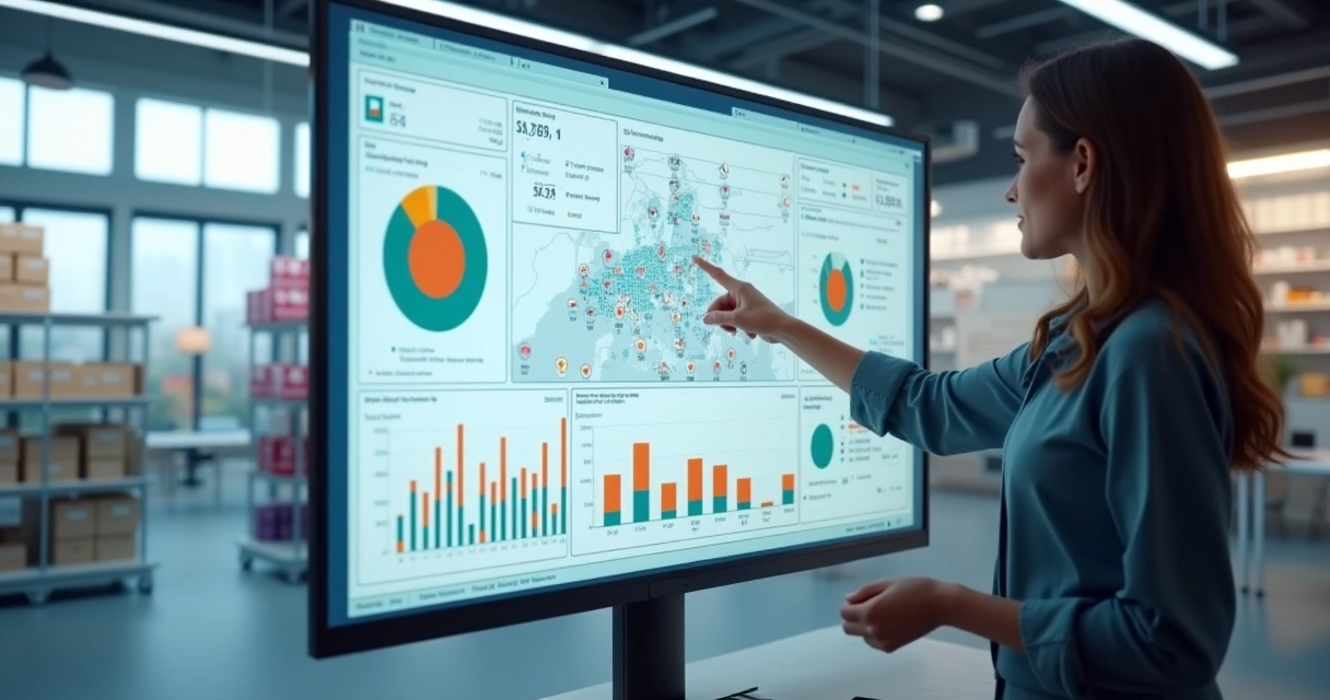 Dashboard analítico com gráficos coloridos mostrando dados de estoque em tempo real 