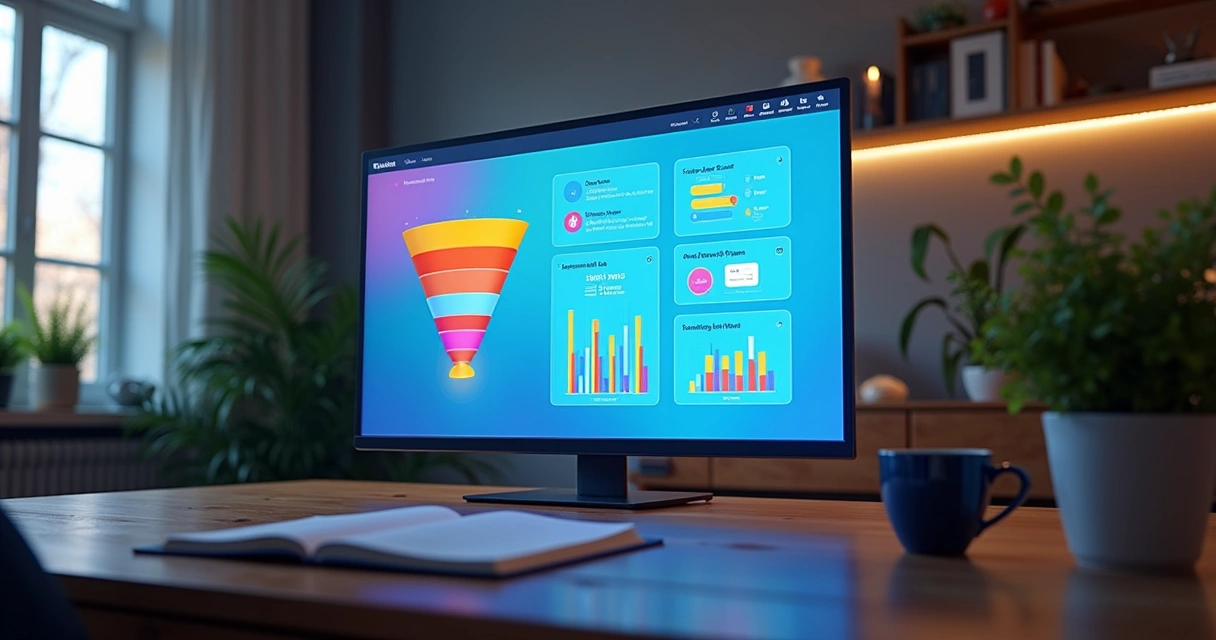 Dashboard inteligente mostrando funil de vendas e mensagens automáticas